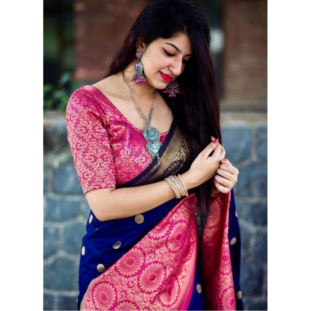 Women's Soft Lichi Silk Printed Saree With Unstitched Blouse 5.5 Mtr (Blue)