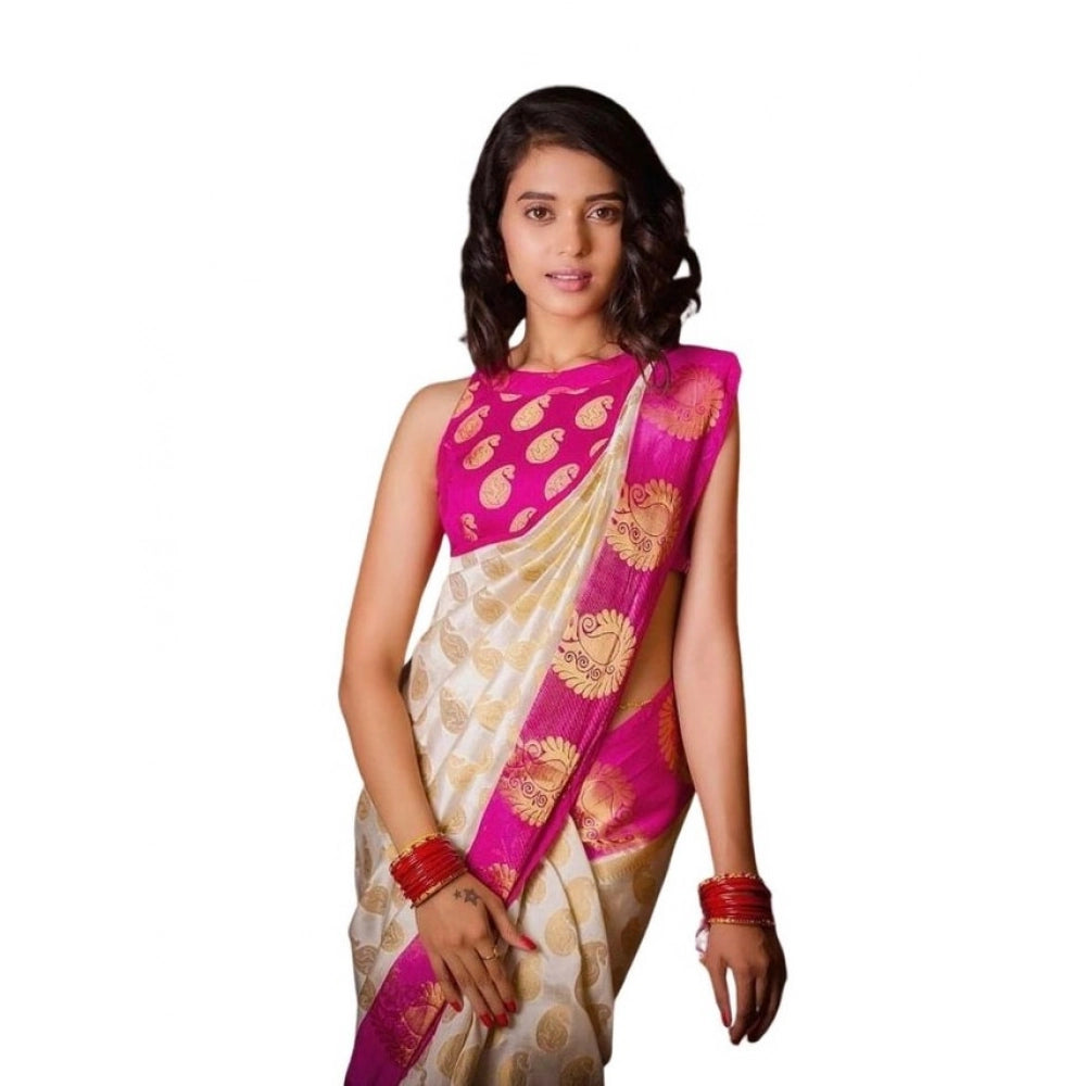 Women's Soft Lichi Silk Printed Saree With Unstitched Blouse 5.5 Mtr (White)