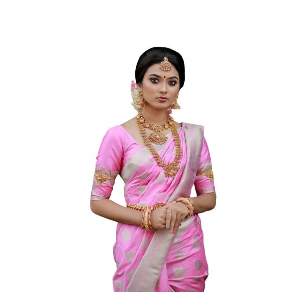 Women's Soft Lichi Silk Printed Saree With Unstitched Blouse 5.5 Mtr (Pink)