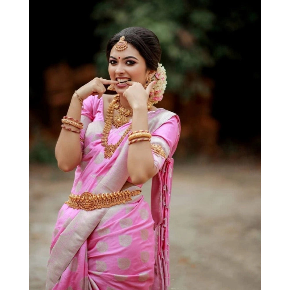 Women's Soft Lichi Silk Printed Saree With Unstitched Blouse 5.5 Mtr (Pink)
