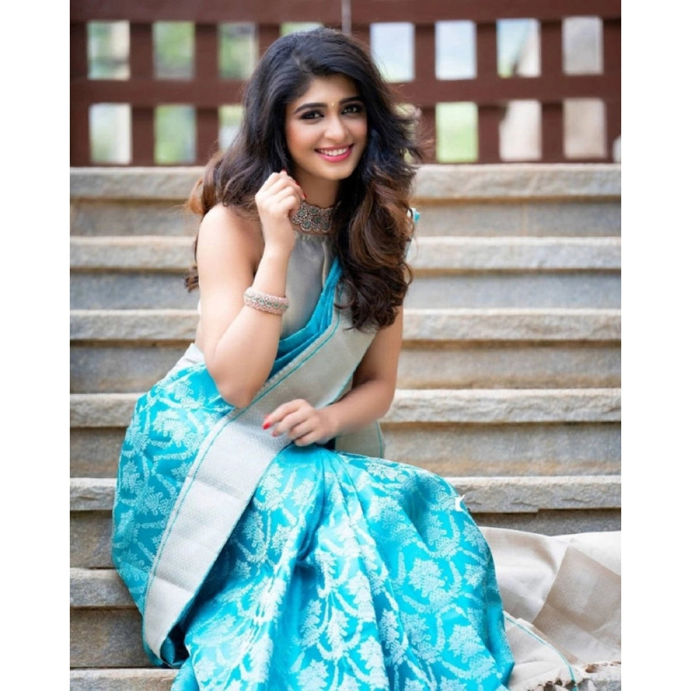 Women's Soft Lichi Silk Printed Saree With Unstitched Blouse 5.5 Mtr (Sky-Blue)