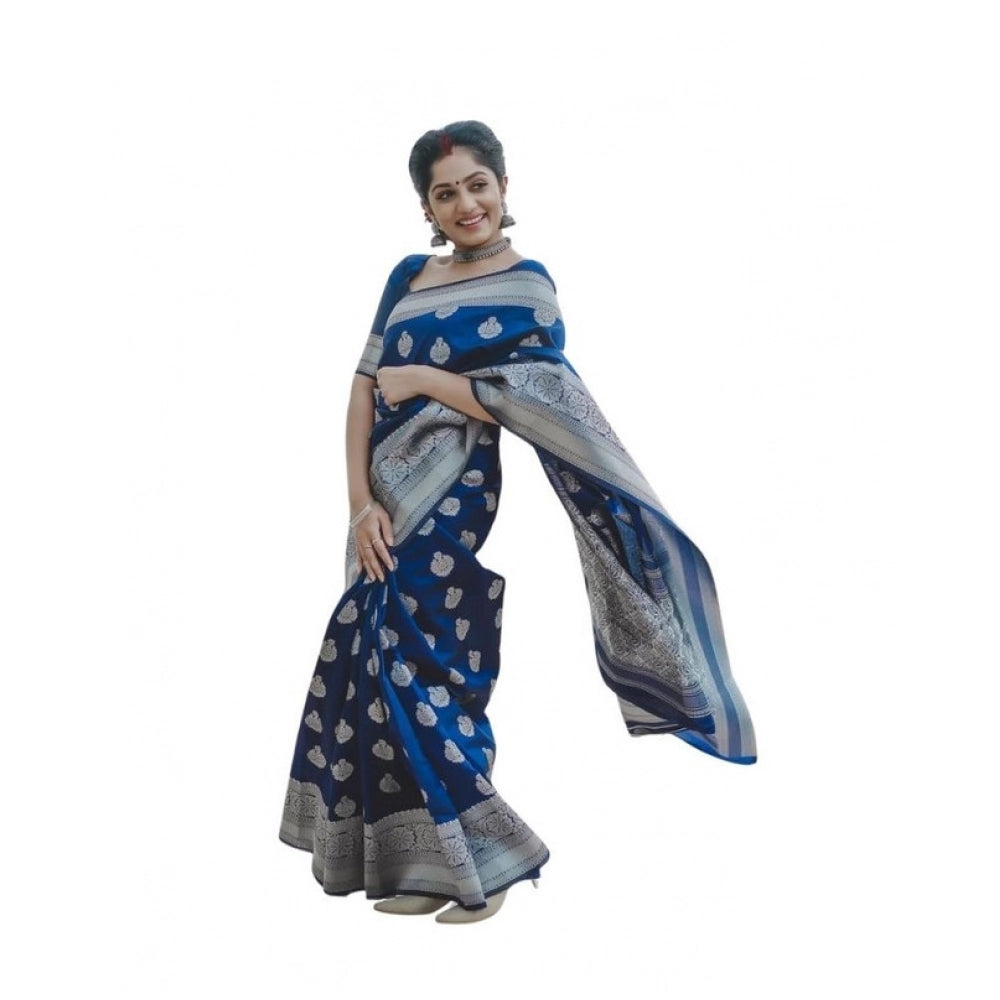 Women's Soft Lichi Silk Printed Saree With Unstitched Blouse 5.5 Mtr (Blue)