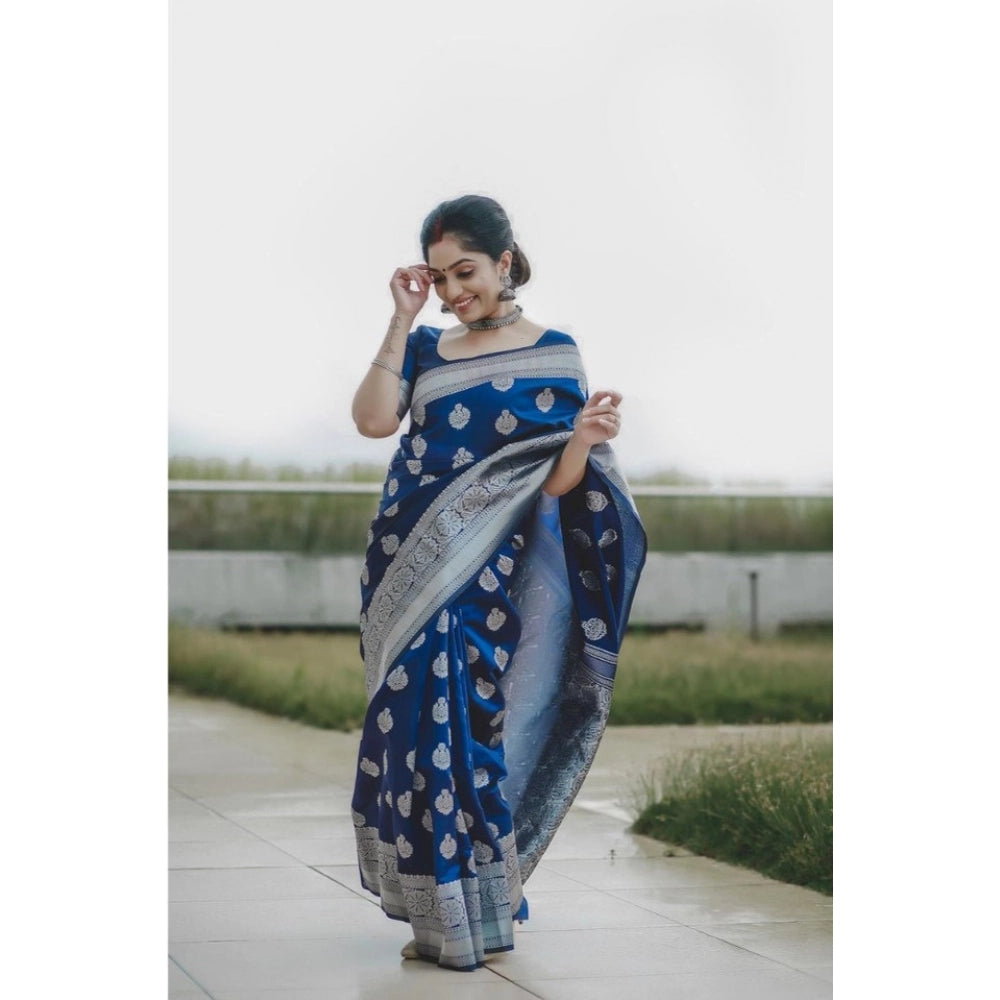 Women's Soft Lichi Silk Printed Saree With Unstitched Blouse 5.5 Mtr (Blue)