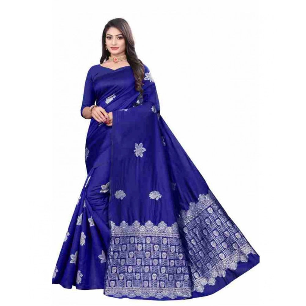 Women's Soft Lichi Silk Printed Saree With Unstitched Blouse 5.5 Mtr (Blue)