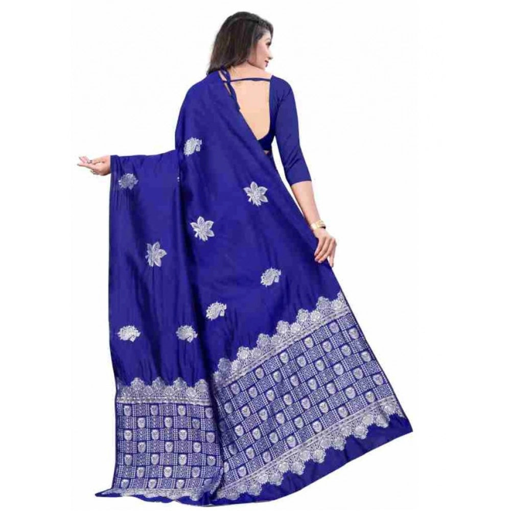 Women's Soft Lichi Silk Printed Saree With Unstitched Blouse 5.5 Mtr (Blue)