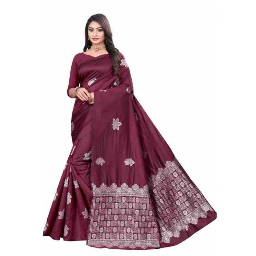 Women's Soft Lichi Silk Printed Saree With Unstitched Blouse 5.5 Mtr (Wine)