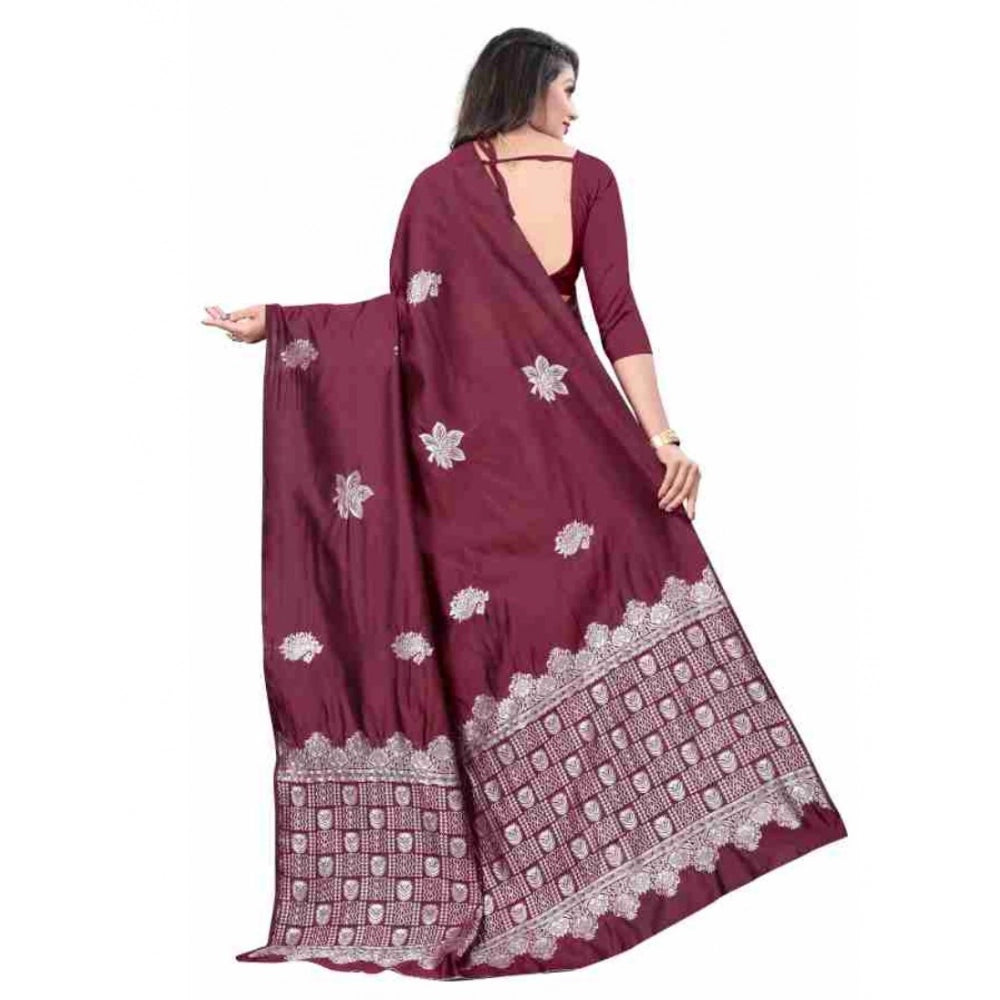 Women's Soft Lichi Silk Printed Saree With Unstitched Blouse 5.5 Mtr (Wine)