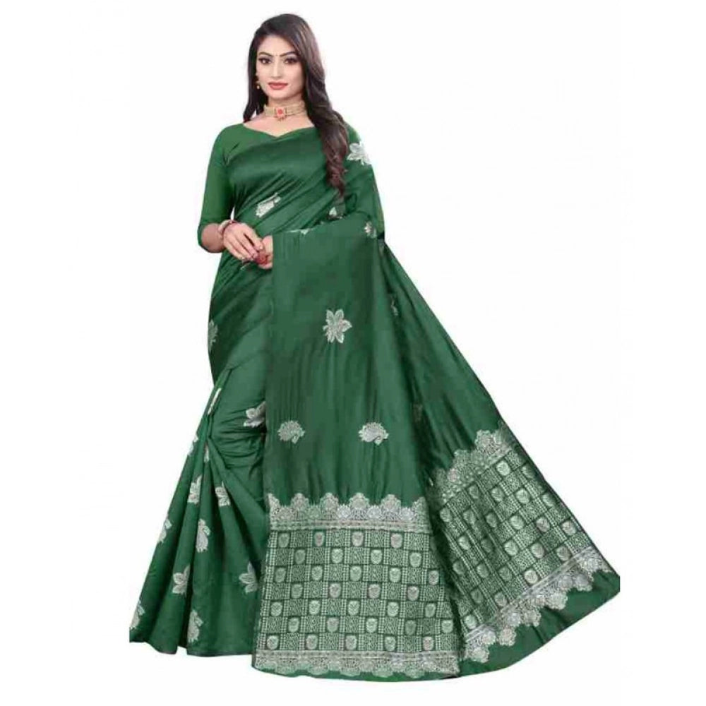 Women's Soft Lichi Silk Printed Saree With Unstitched Blouse 5.5 Mtr (Green)
