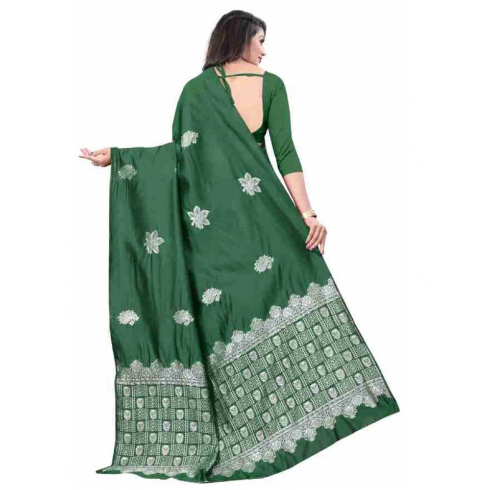 Women's Soft Lichi Silk Printed Saree With Unstitched Blouse 5.5 Mtr (Green)