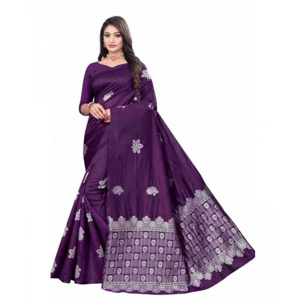 Women's Soft Lichi Silk Printed Saree With Unstitched Blouse 5.5 Mtr (Purple)