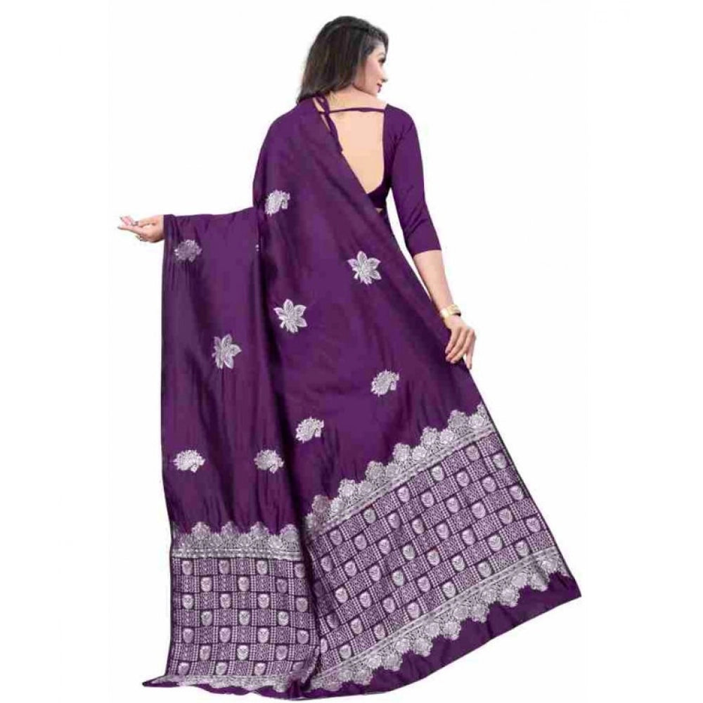 Women's Soft Lichi Silk Printed Saree With Unstitched Blouse 5.5 Mtr (Purple)