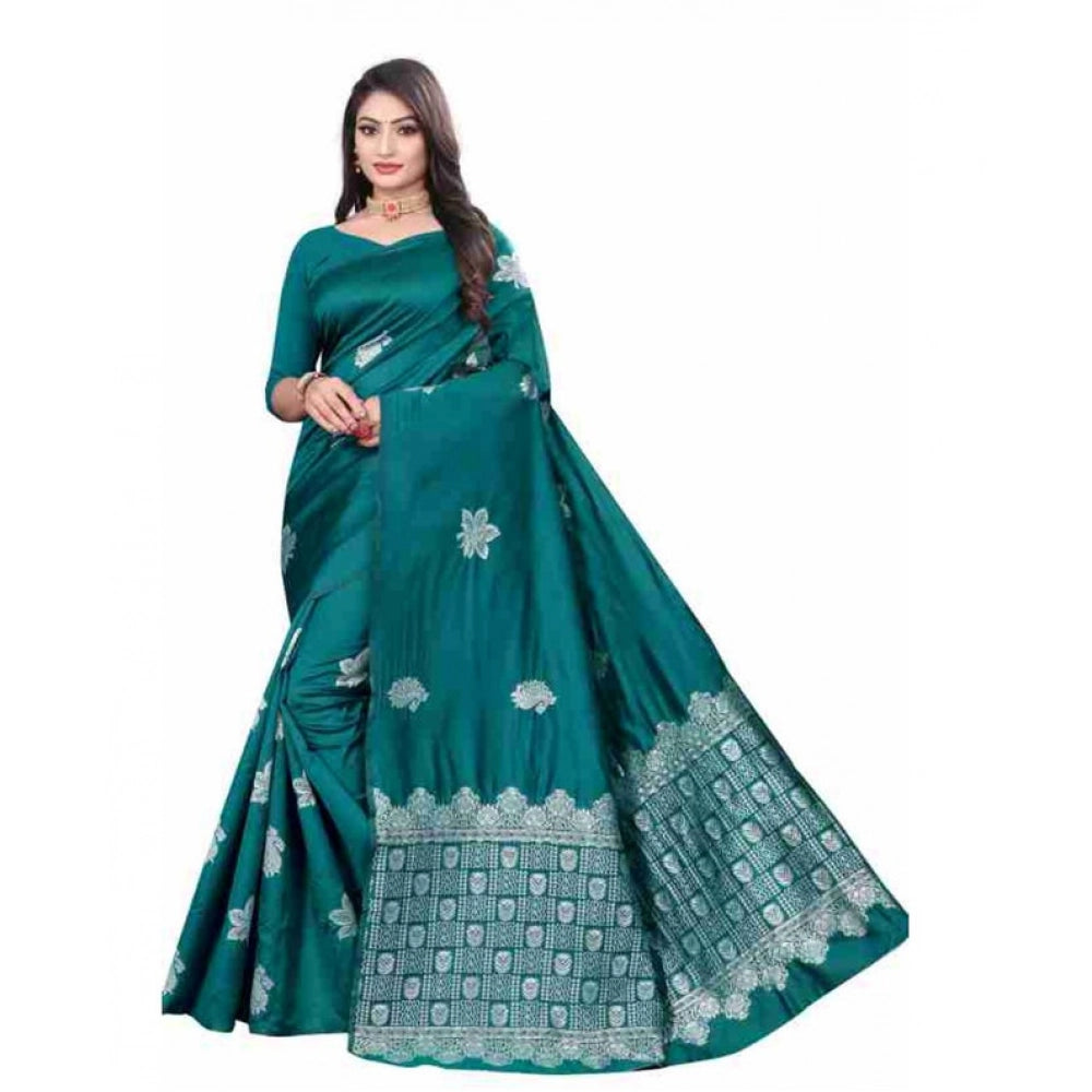 Women's Soft Lichi Silk Printed Saree With Unstitched Blouse 5.5 Mtr (Rama)