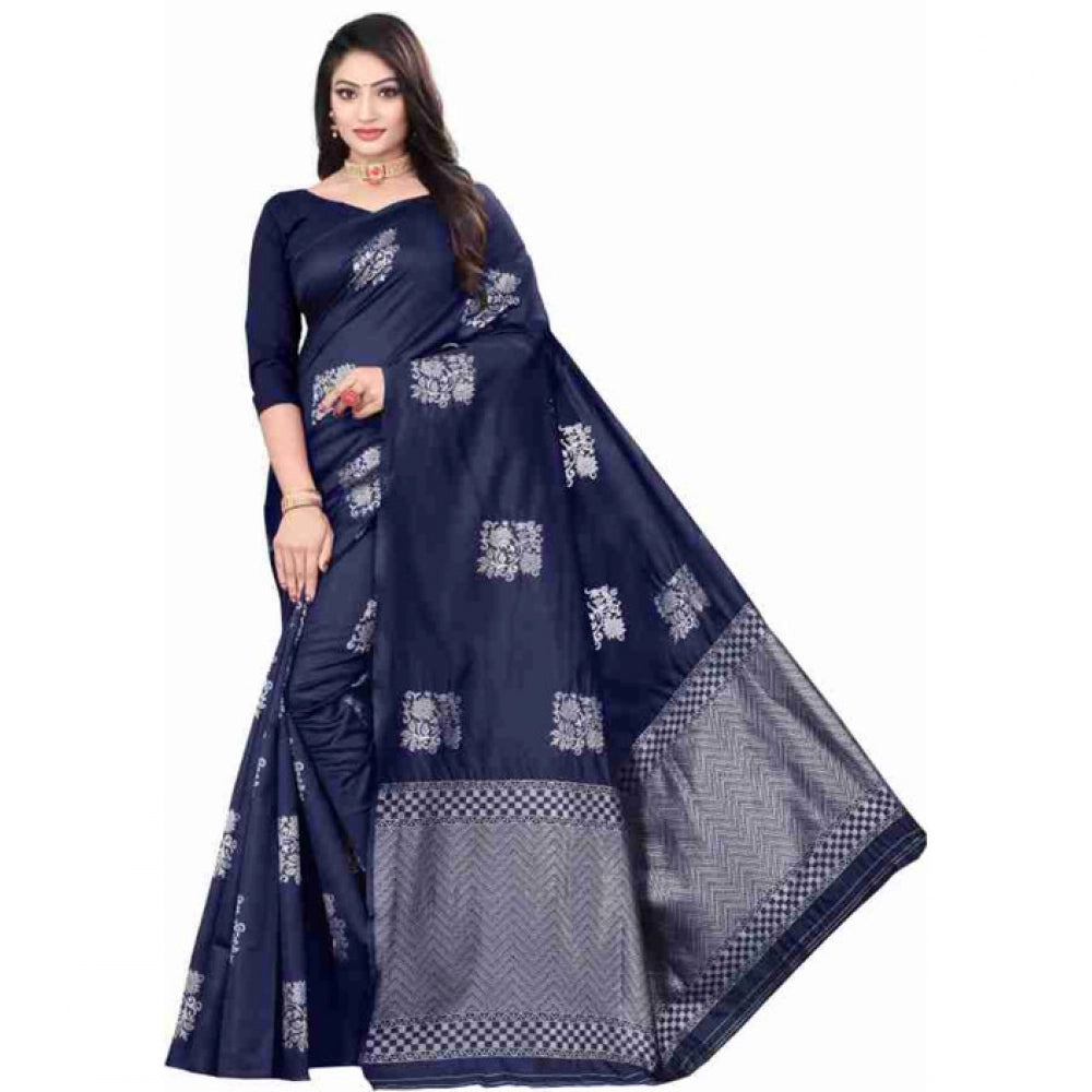 Women's Soft Lichi Silk Printed Saree With Unstitched Blouse 5.5 Mtr (Blue)