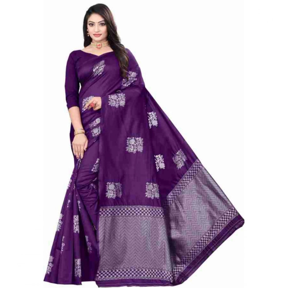 Women's Soft Lichi Silk Printed Saree With Unstitched Blouse 5.5 Mtr (Purple)