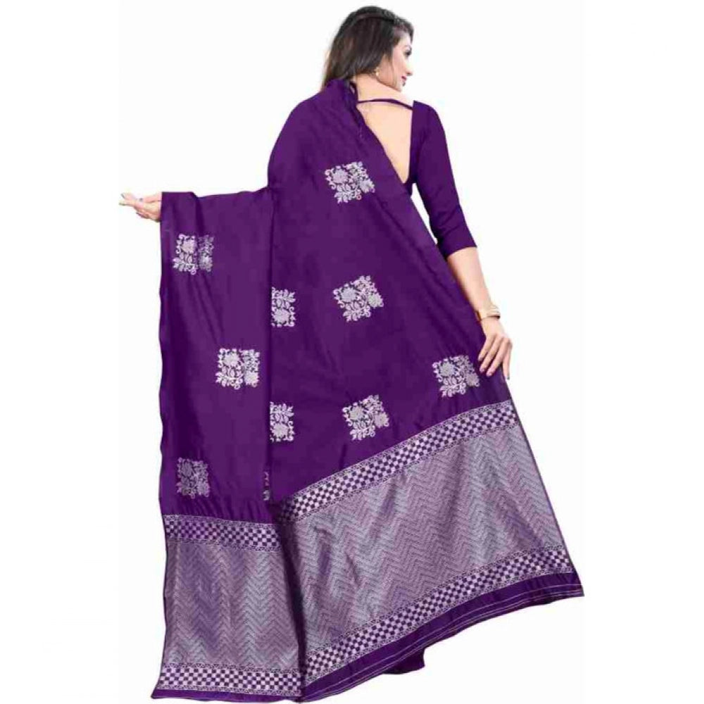 Women's Soft Lichi Silk Printed Saree With Unstitched Blouse 5.5 Mtr (Purple)