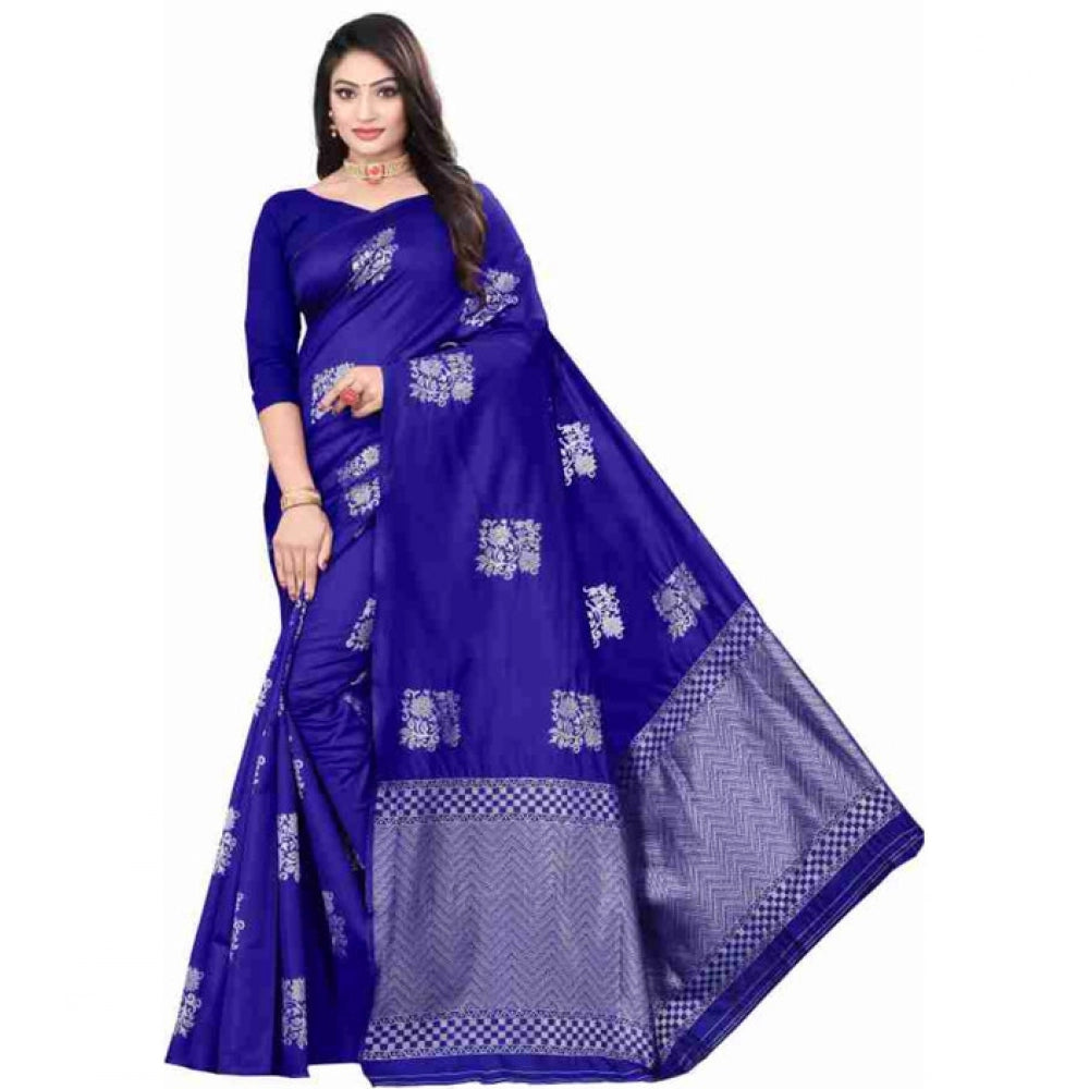Women's Soft Lichi Silk Printed Saree With Unstitched Blouse 5.5 Mtr (Royal-Blue)