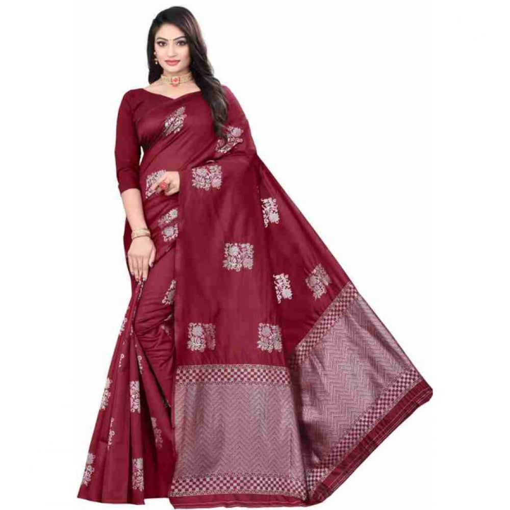 Women's Soft Lichi Silk Printed Saree With Unstitched Blouse 5.5 Mtr (Maroon)