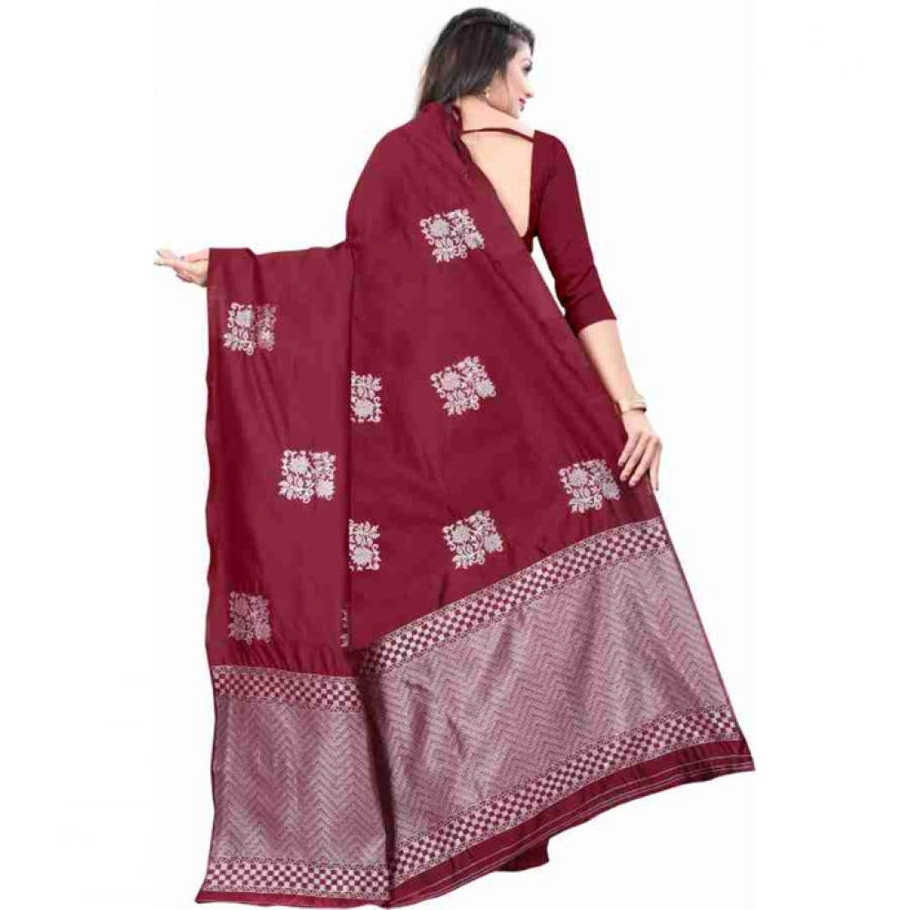 Women's Soft Lichi Silk Printed Saree With Unstitched Blouse 5.5 Mtr (Maroon)