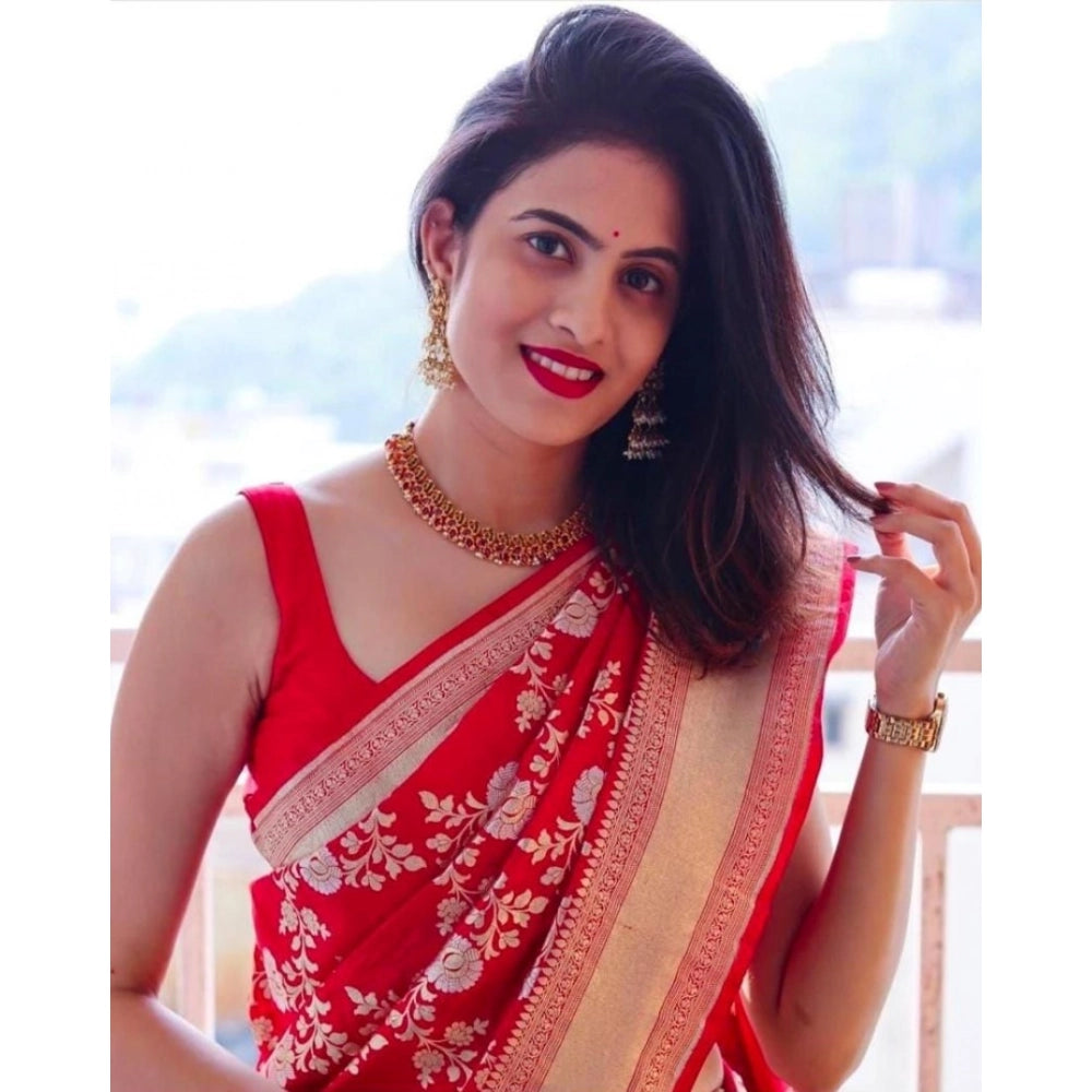 Women's Soft Lichi Silk Printed Saree With Unstitched Blouse 5.5 Mtr (Red)