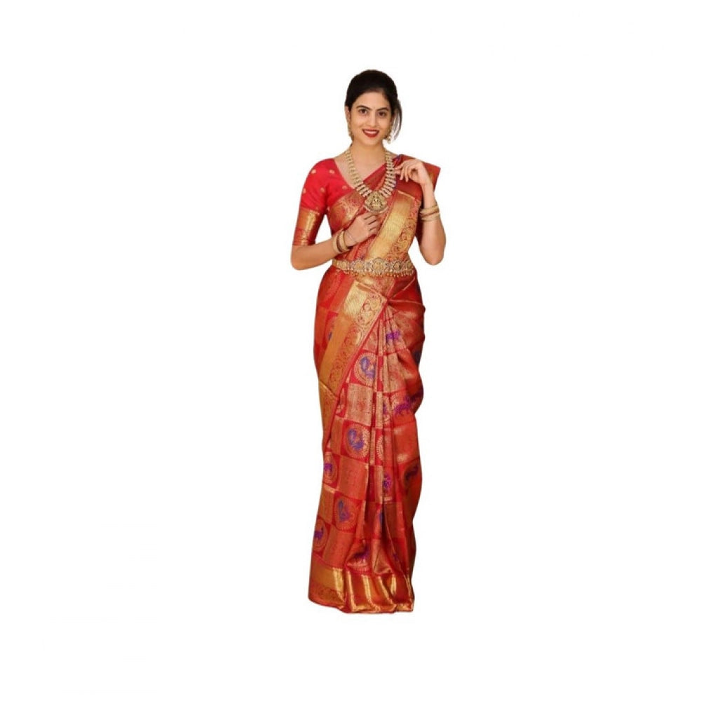 Women's Soft Lichi Silk Printed Saree With Unstitched Blouse 5.5 Mtr (Red)