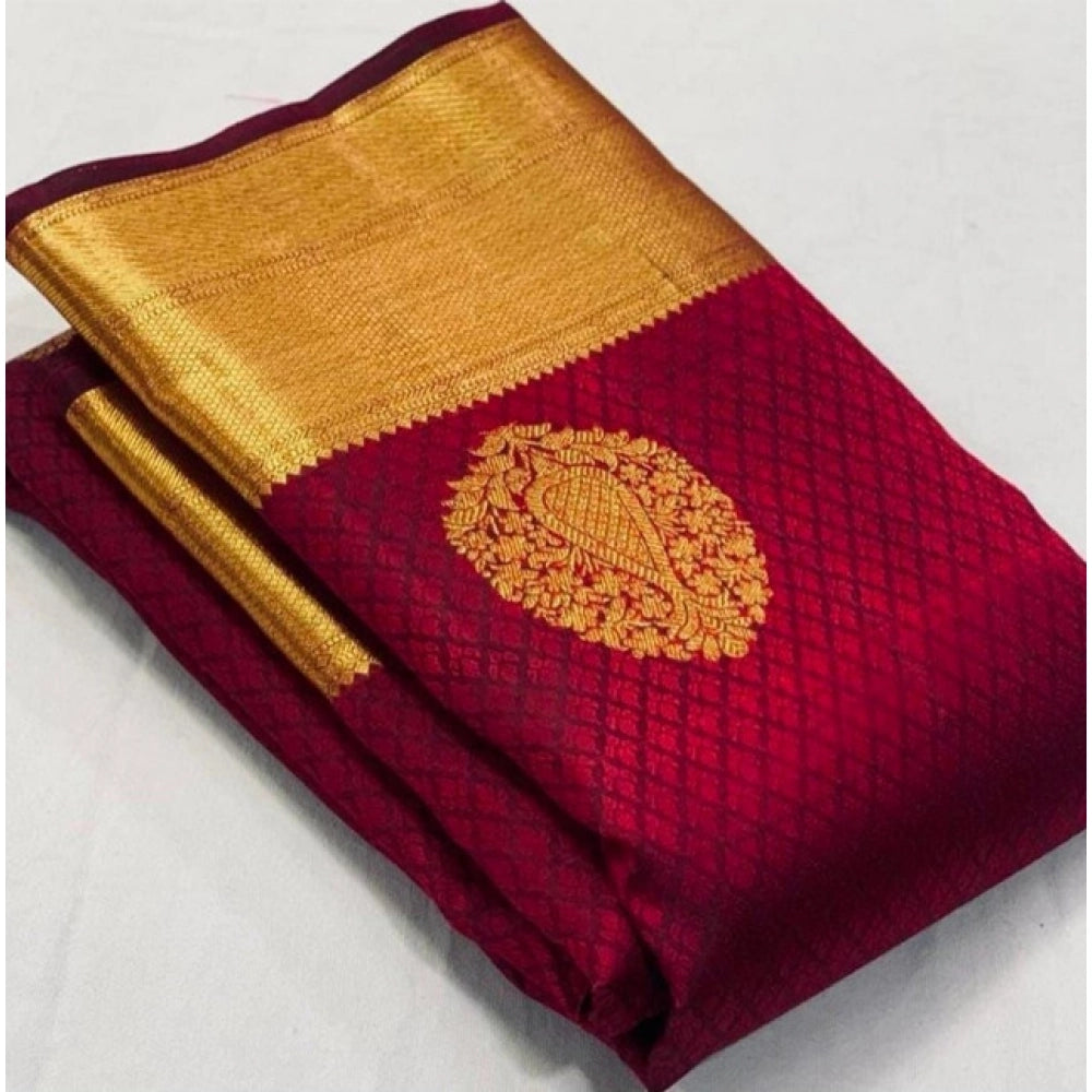 Women's Soft Lichi Silk Printed Saree With Unstitched Blouse 5.5 Mtr (Maroon)