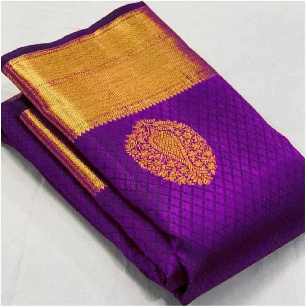 Women's Soft Lichi Silk Printed Saree With Unstitched Blouse 5.5 Mtr (Purple)