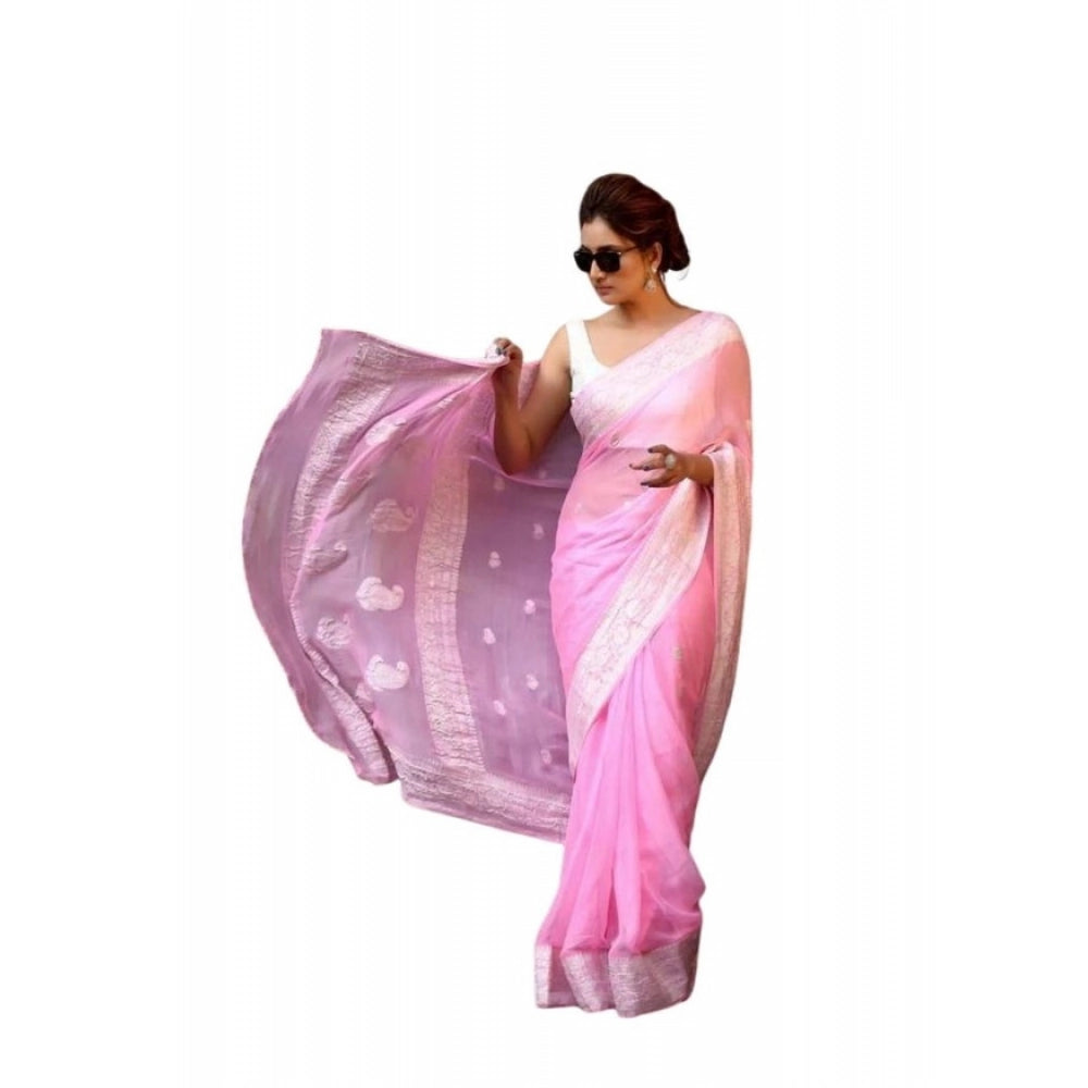Women's Soft Lichi Silk Printed Saree With Unstitched Blouse 5.5 Mtr (Pink)