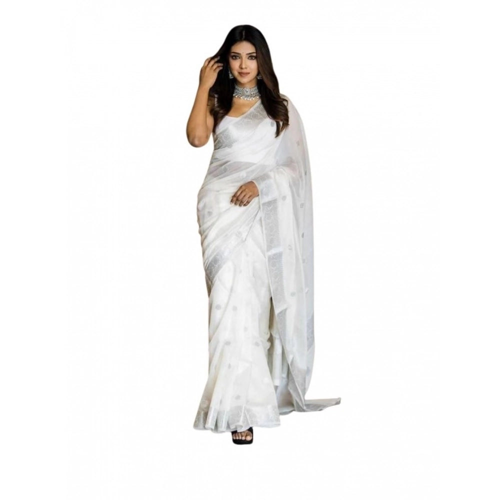 Women's Soft Lichi Silk Printed Saree With Unstitched Blouse 5.5 Mtr (White)