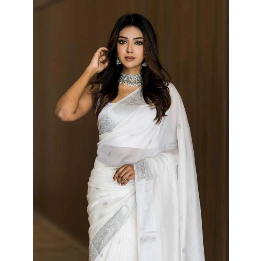 Women's Soft Lichi Silk Printed Saree With Unstitched Blouse 5.5 Mtr (White)