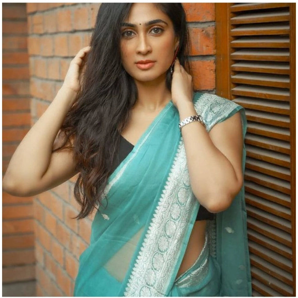 Women's Soft Lichi Silk Printed Saree With Unstitched Blouse 5.5 Mtr (Sky-Blue)