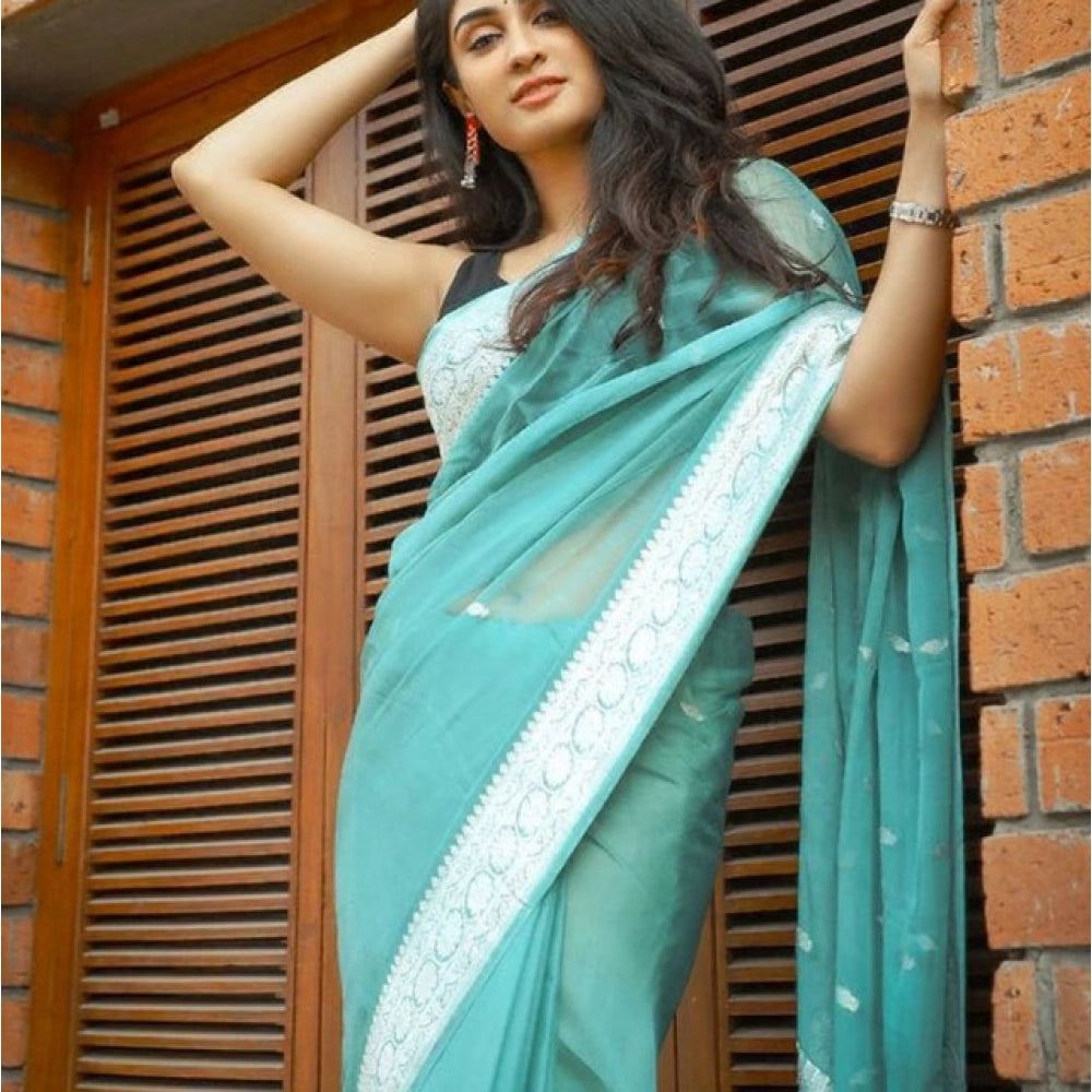 Women's Soft Lichi Silk Printed Saree With Unstitched Blouse 5.5 Mtr (Sky-Blue)