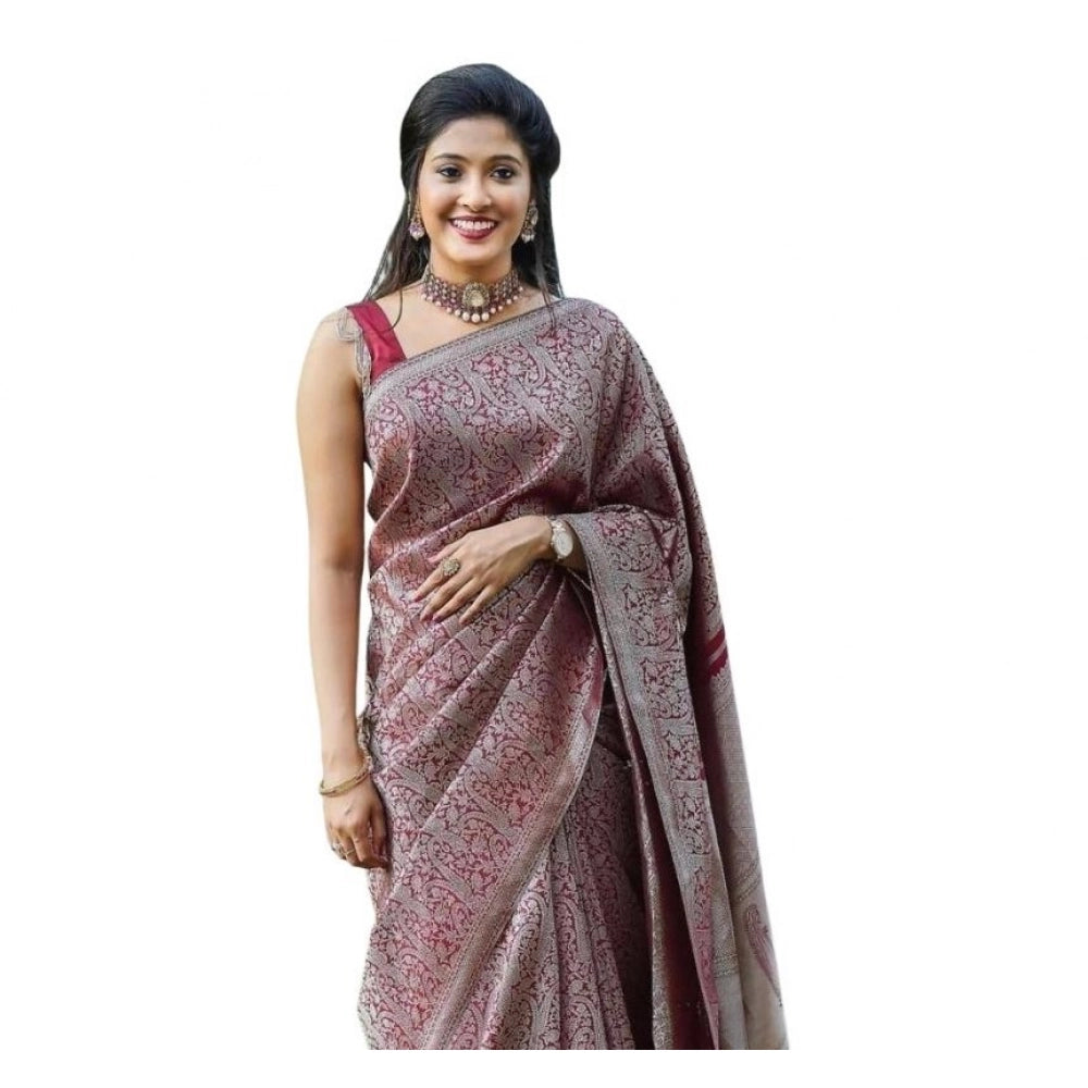 Women's Soft Lichi Silk Printed Saree With Unstitched Blouse 5.5 Mtr (Wine)