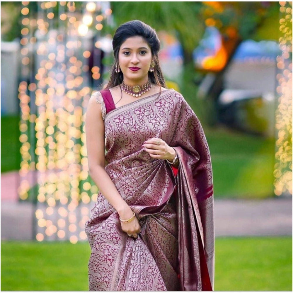 Women's Soft Lichi Silk Printed Saree With Unstitched Blouse 5.5 Mtr (Wine)