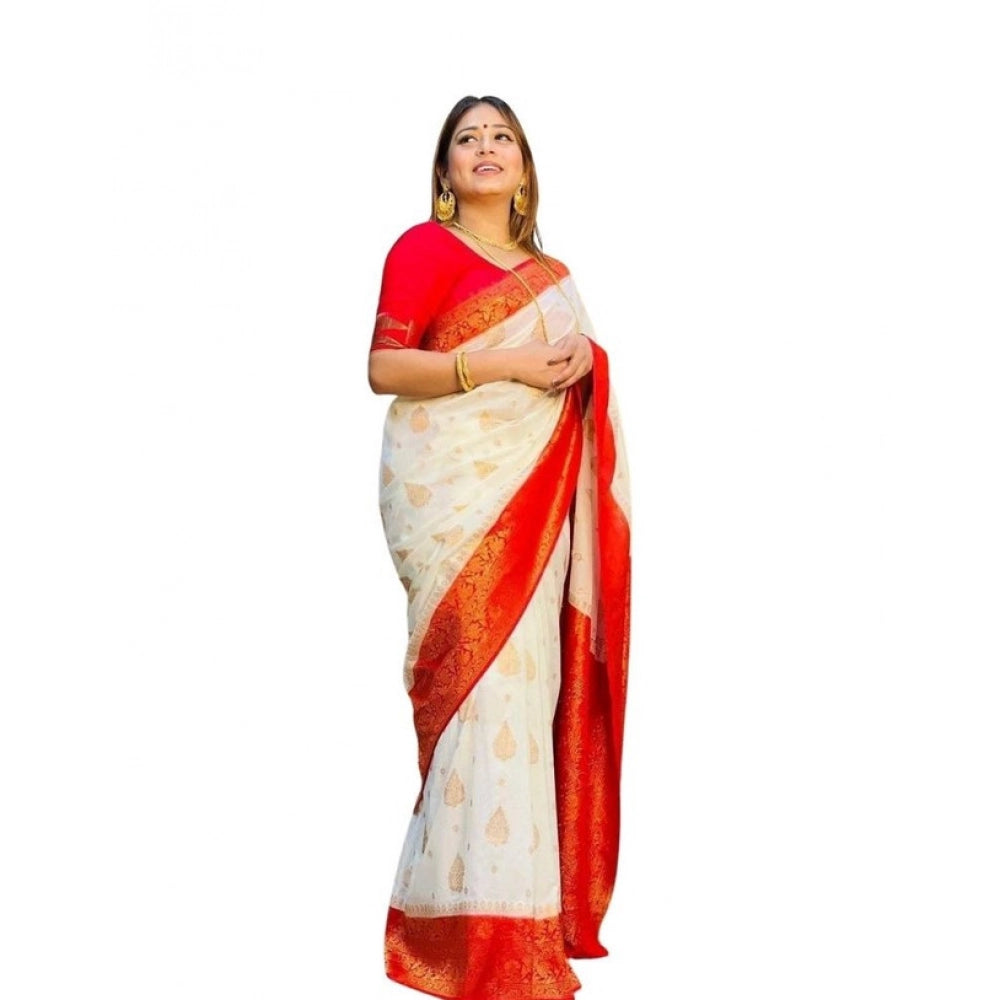 Women's Soft Lichi Silk Printed Saree With Unstitched Blouse 5.5 Mtr (White)