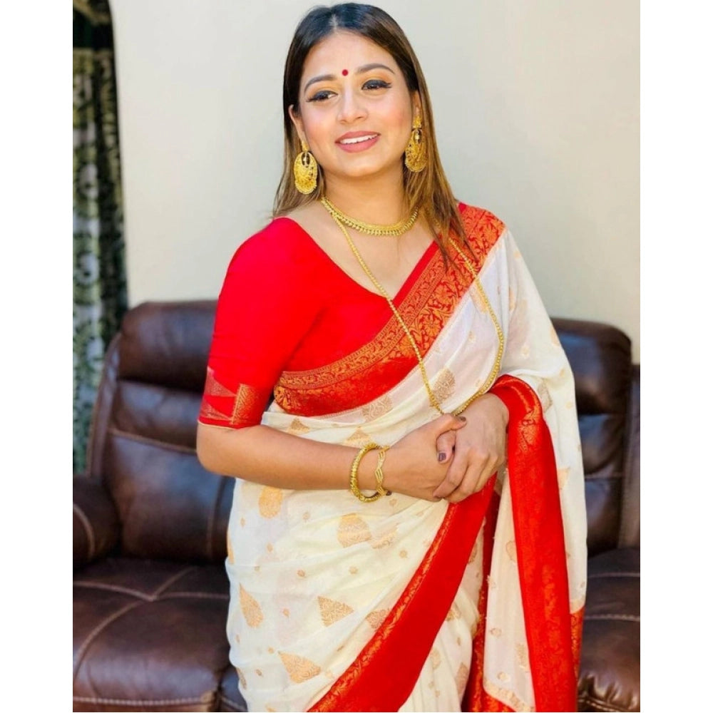 Women's Soft Lichi Silk Printed Saree With Unstitched Blouse 5.5 Mtr (White)