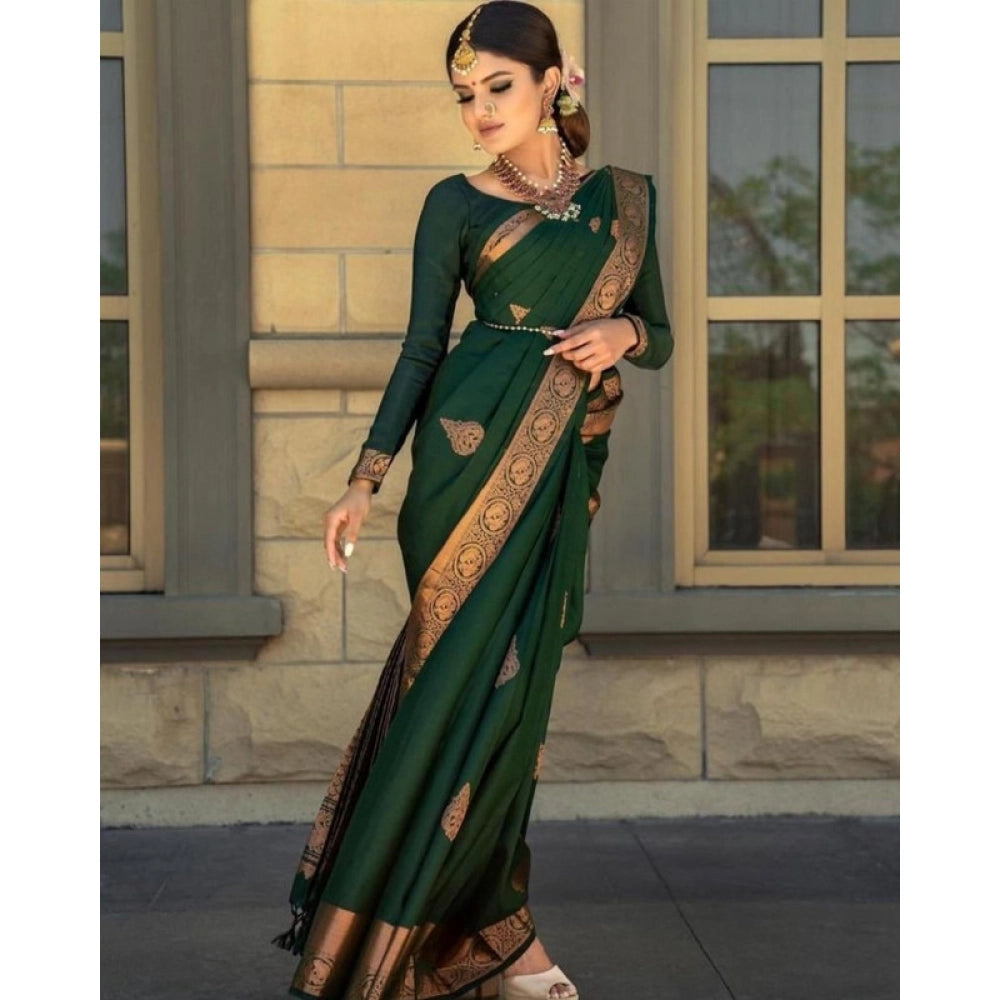 Women's Soft Lichi Silk Printed Saree With Unstitched Blouse 5.5 Mtr (Green)