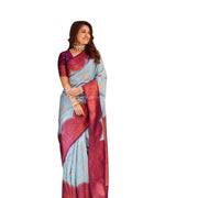 Women's Soft Lichi Silk Printed Saree With Unstitched Blouse 5.5 Mtr (Light-Blue)