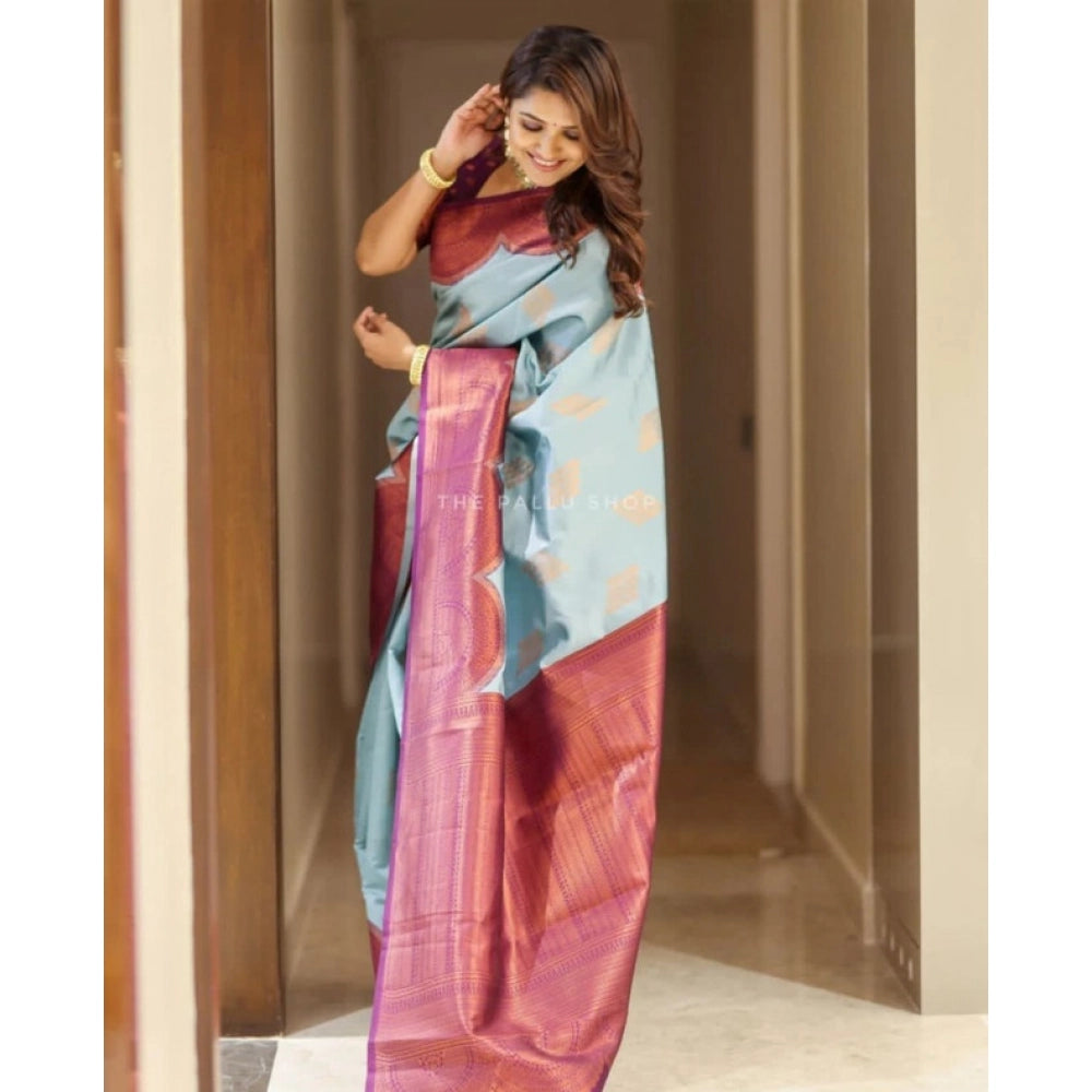 Women's Soft Lichi Silk Printed Saree With Unstitched Blouse 5.5 Mtr (Light-Blue)