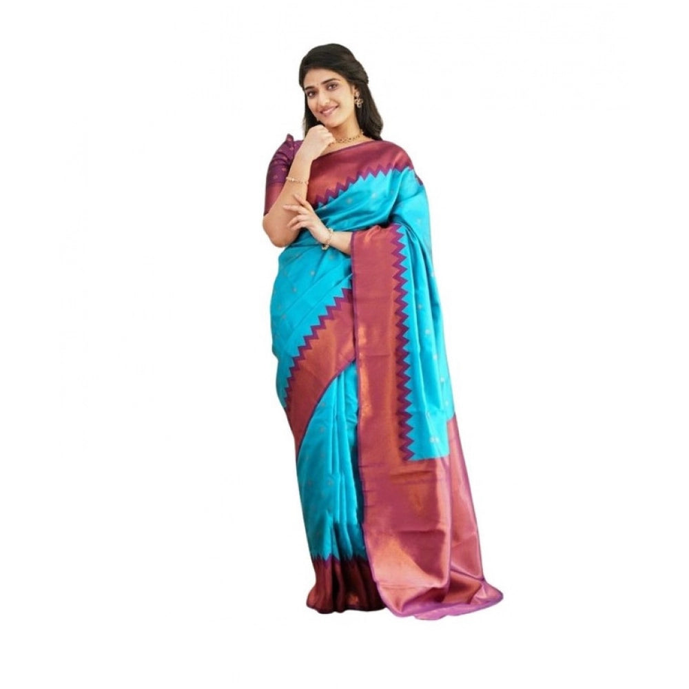 Women's Soft Lichi Silk Printed Saree With Unstitched Blouse 5.5 Mtr (Sky-Blue)