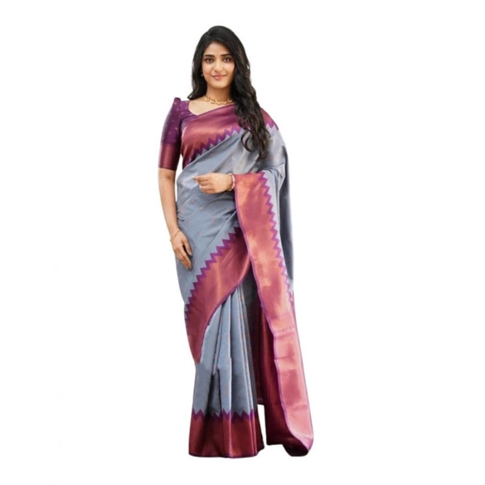 Women's Soft Lichi Silk Printed Saree With Unstitched Blouse 5.5 Mtr (Grey)