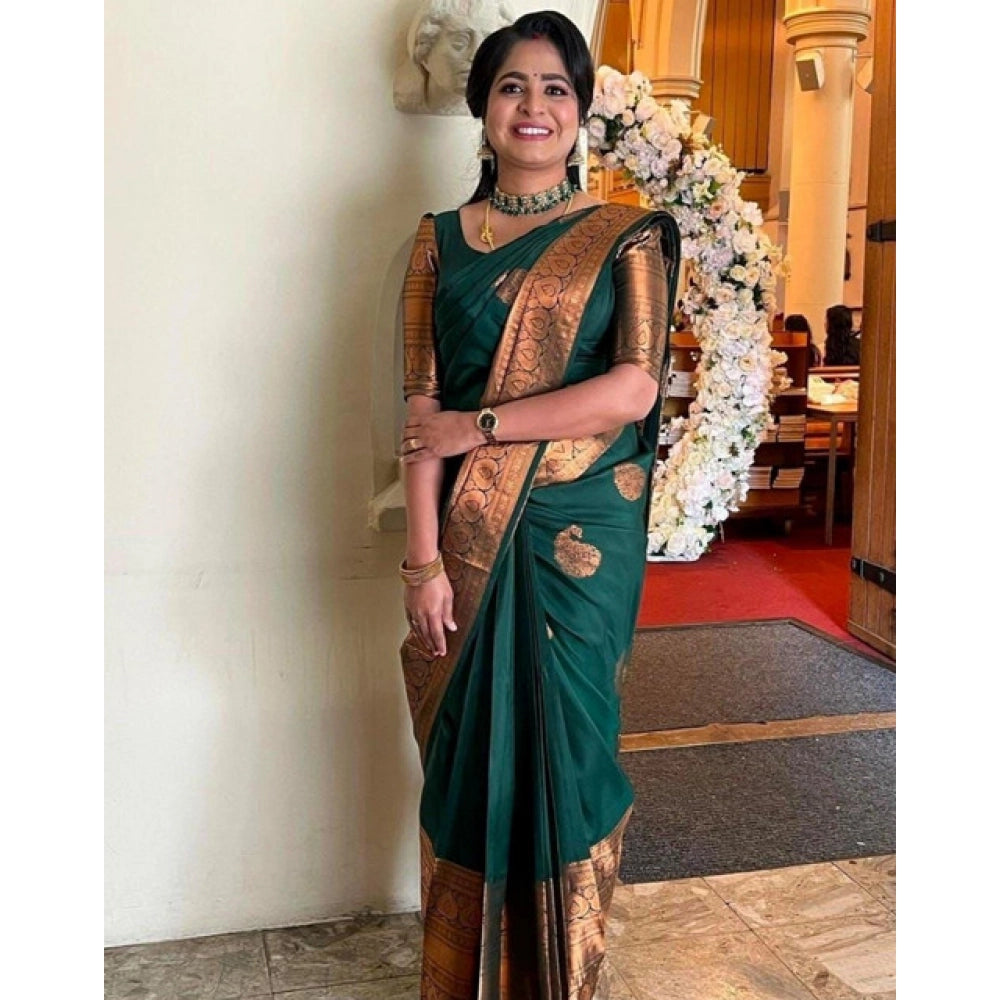 Women's Soft Lichi Silk Printed Saree With Unstitched Blouse 5.5 Mtr (Green)