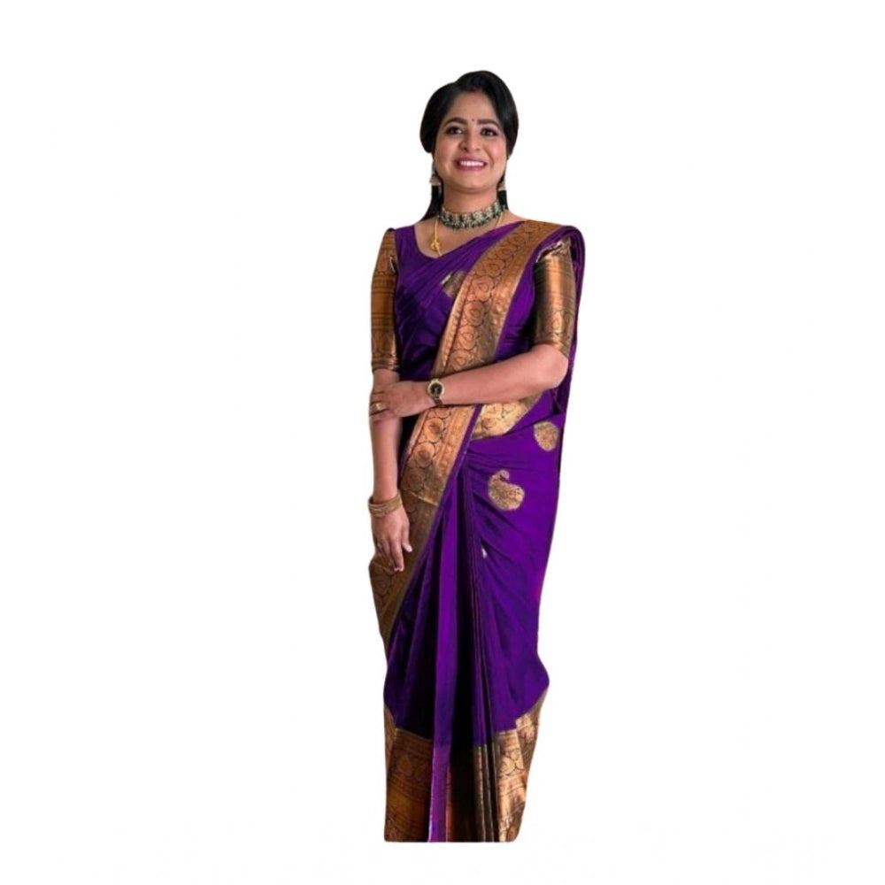 Women's Soft Lichi Silk Printed Saree With Unstitched Blouse 5.5 Mtr (Purple)