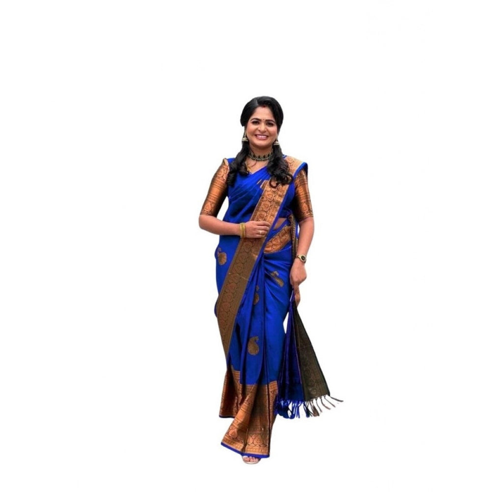 Women's Soft Lichi Silk Printed Saree With Unstitched Blouse 5.5 Mtr (Navy-Blue)