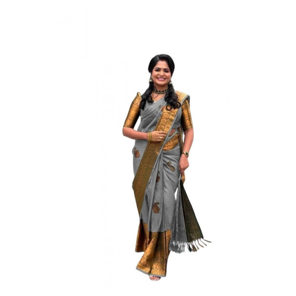 Women's Soft Lichi Silk Printed Saree With Unstitched Blouse 5.5 Mtr (Grey)