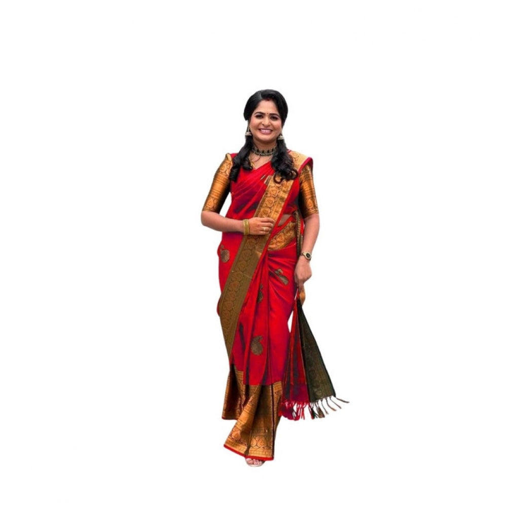 Women's Soft Lichi Silk Printed Saree With Unstitched Blouse 5.5 Mtr (Red)