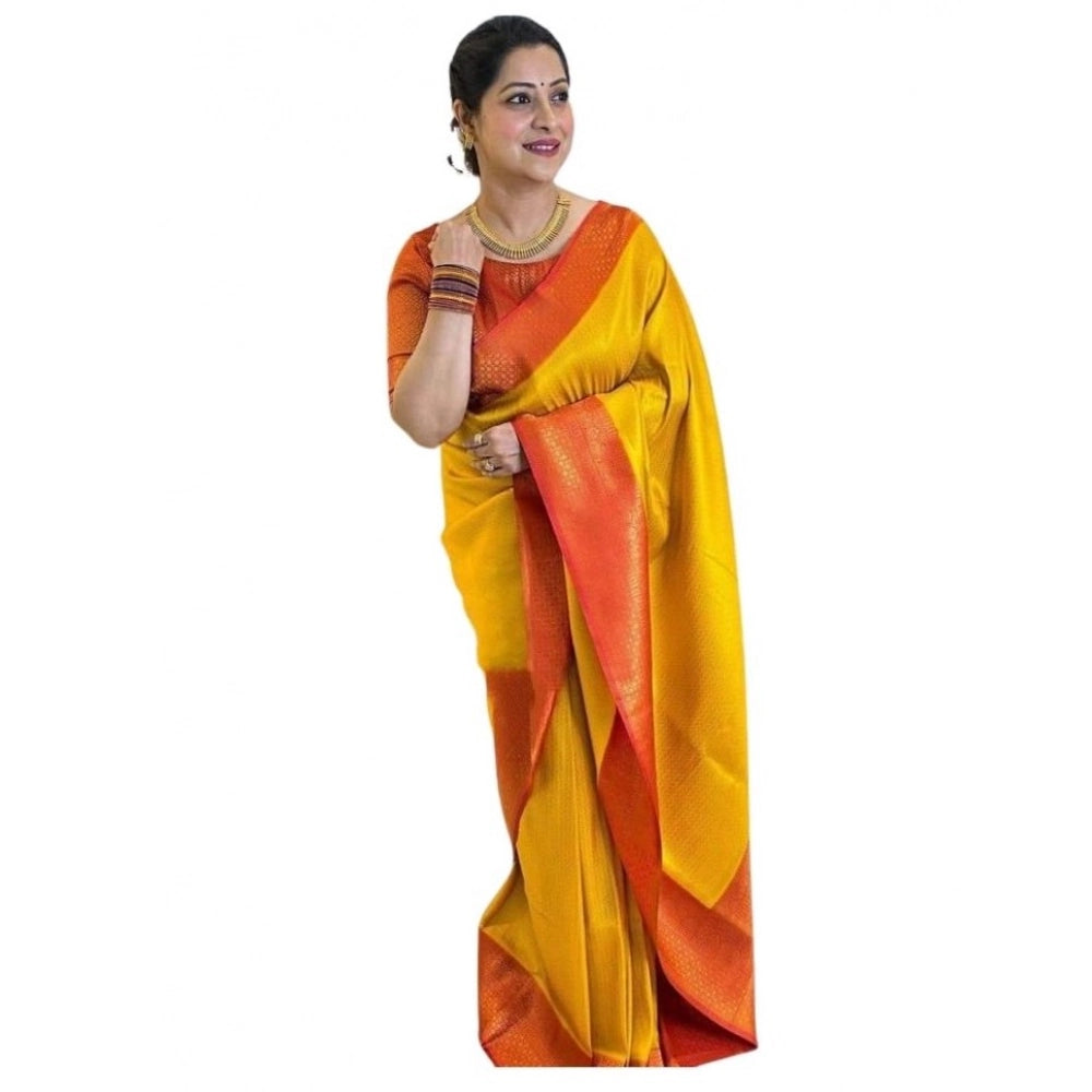 Women's Soft Lichi Silk Printed Saree With Unstitched Blouse 5.5 Mtr (Mustard )