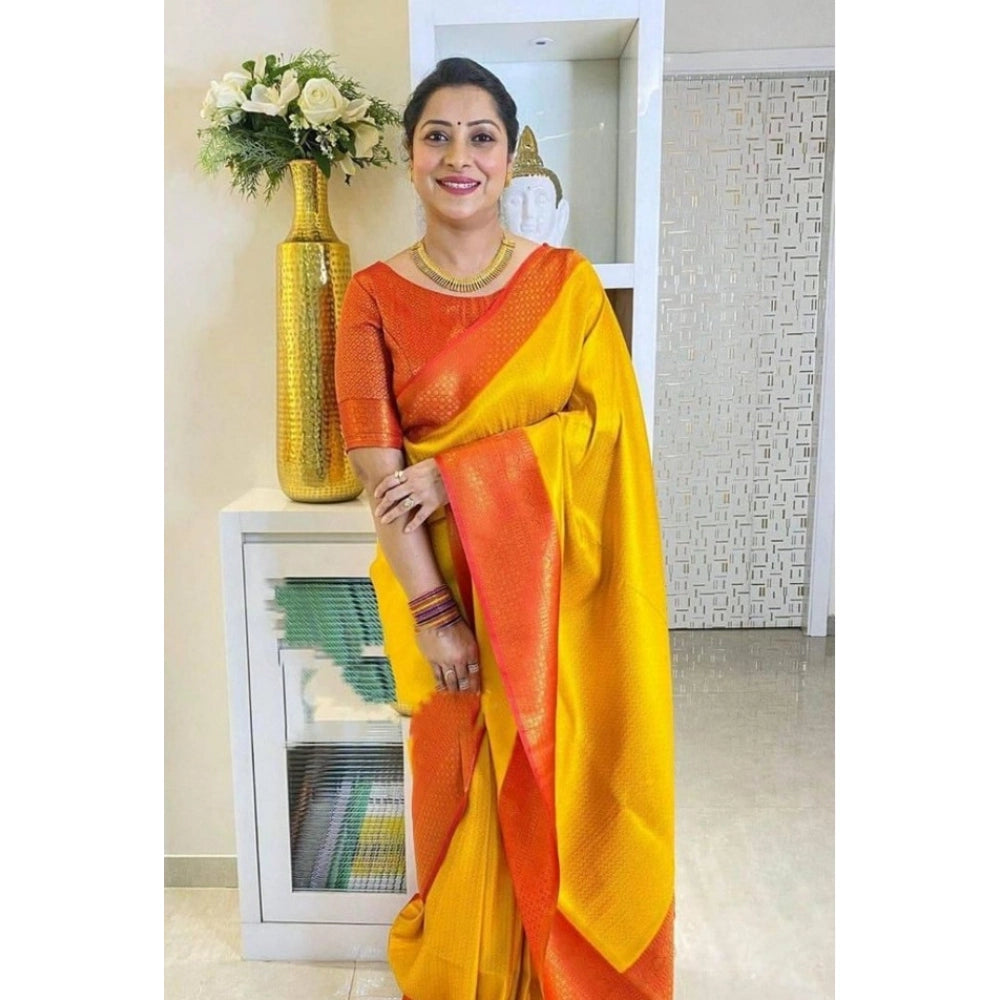 Women's Soft Lichi Silk Printed Saree With Unstitched Blouse 5.5 Mtr (Mustard )