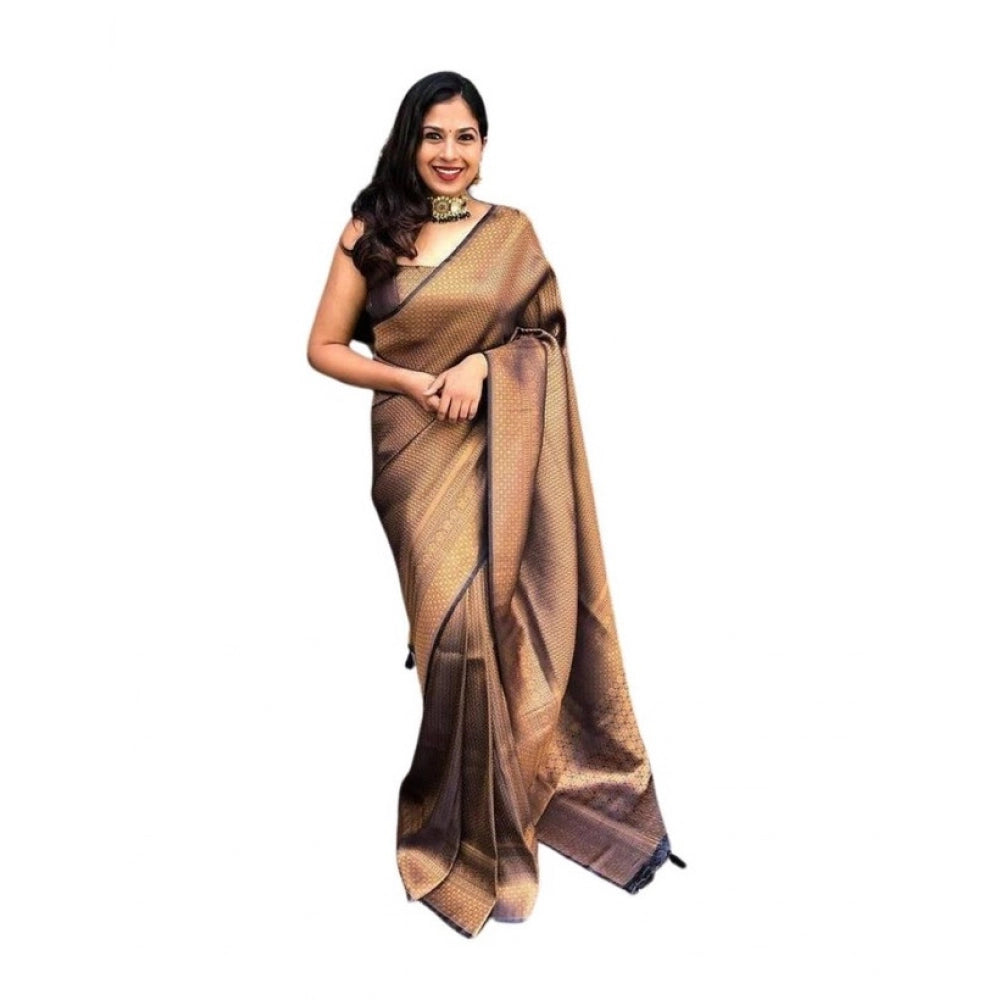 Women's Soft Lichi Silk Printed Saree With Unstitched Blouse 5.5 Mtr (Black-Gold)