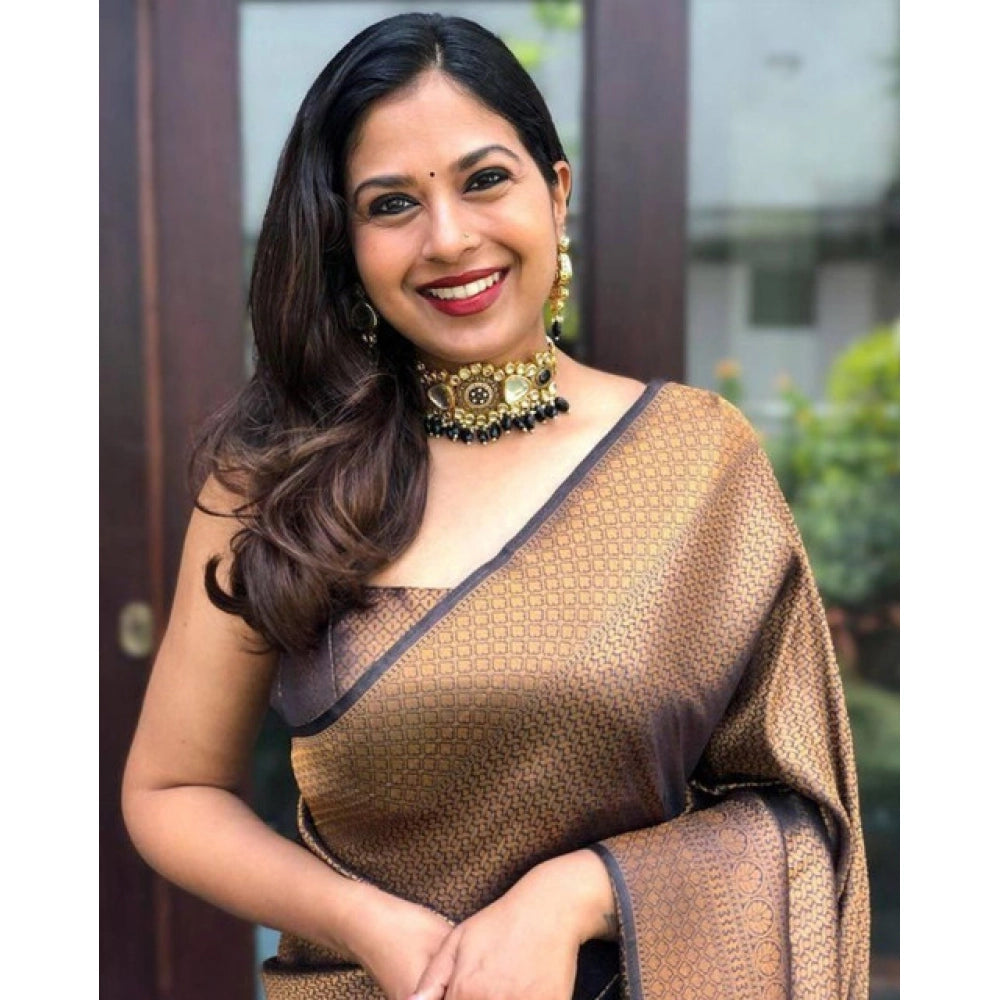 Women's Soft Lichi Silk Printed Saree With Unstitched Blouse 5.5 Mtr (Black-Gold)
