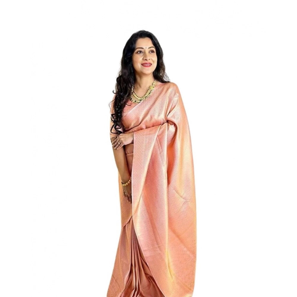 Women's Soft Lichi Silk Printed Saree With Unstitched Blouse 5.5 Mtr (Peach)